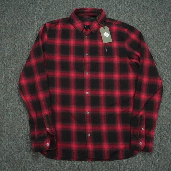 Allsaints Shirt Mens‎ Medium Red Buffalo Plaid Windham Long Sleeve NWT